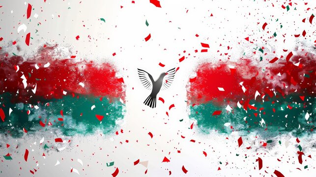 ​Sudan Independence Day.​ Minimalist illustration of a dove flying through confetti in an abstract celebration of freedom and hope.