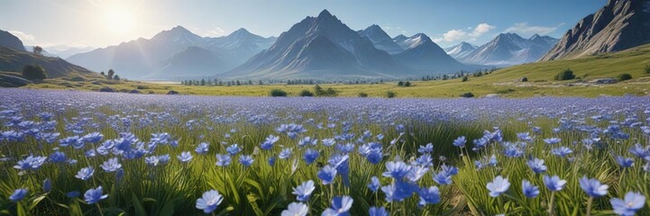 Obraz premium A beautiful blue flower-filled meadow with distant mountains and a warm sunny day, meadow, warm sun