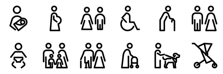 Family, couple, man, guide dog, wheelchair, stroller, mother and baby, disabled, elderly person, pregnant  line icon vector set. Editable stroke 