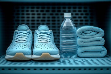 pair of sneakers and a water bottle in open locker