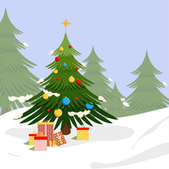 Fototapeta premium Christmas tree Vector - Festive Holiday Design Christmas tree with gifts in a flat style