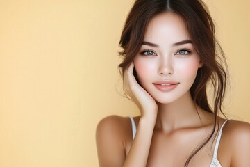 Fototapeta premium Beautiful woman poses for a beauty presentation on a light yellow background