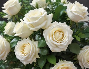 Obraz premium A bouquet of white roses in a colorful arrangement with greenery and flowers surrounding it, nature, garden