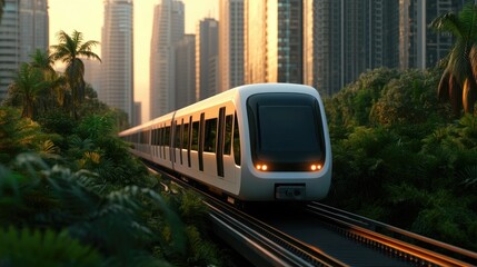 Obraz premium Futuristic urban landscape showcasing a modern sustainable city designed with eco friendly public transportation systems and renewable energy sources like solar and wind power