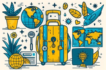Obraz premium ​Diet Resolution Week. Bold travel illustration with suitcases, globes, and maps celebrating global exploration and adventure.