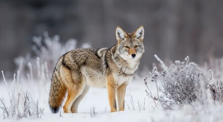 Naklejka premium Majestic coyote in winter landscape surrounded by frosty bushes