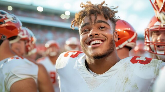 Joyful football player celebrating victory on the field with team.