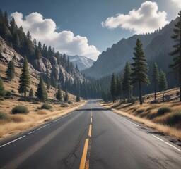 Naklejka premium A desolate asphalt road stretches through a mountainous landscape of rugged hills and pine trees, isolated road, mountain range, natural beauty