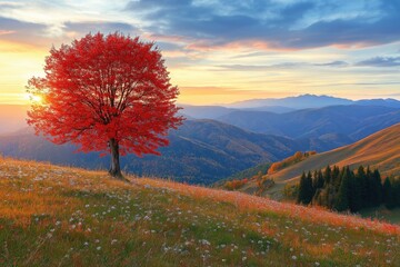 A Red Love Tree in the Meadow During Autumn with Bright Flowers Blooming, Set Against a Sunset Sky and Majestic Mountains in the Background, Perfect for a Valentine's Day Card, Oil Painting Style.