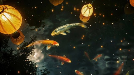 Naklejka premium Koi fish in a beautifully landscaped pond with rocks, waterfalls, and aquatic plants
