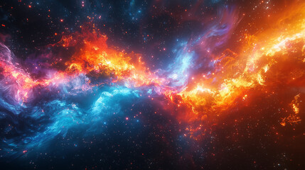 Fototapeta premium vibrant cosmic river flows with fiery red and cool blue, swirling in an ethereal stellar dance