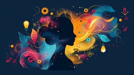 ​International Creativity Month. Silhouette of a person surrounded by vibrant abstract patterns, swirling elements, and creative symbols, representing inspiration and imagination.