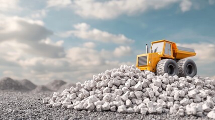 A yellow construction truck sits atop a pile of gravel under a cloudy sky, showcasing a miniature construction scene.