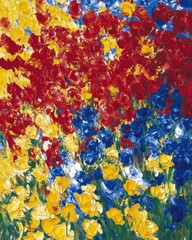 A vibrant abstract painting of colorful flowers in red, blue, and yellow.