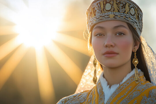 ethereal portrait of a yakut woman in traditional golden headgear against a sunlit background