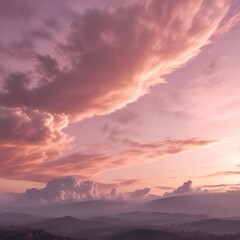 Obraz premium A wispy layer of altostratus clouds is visible across the sky as the sun rises over the horizon with soft pink light, soft focus, atmospheric conditions, altostratus clouds