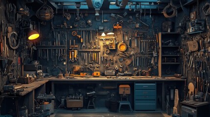 A well-equipped workshop filled with tools and materials for various projects.