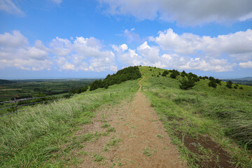 산 정상을 올라가는 들판 길 제주 제주시 구좌읍 종달리 용눈이오름
