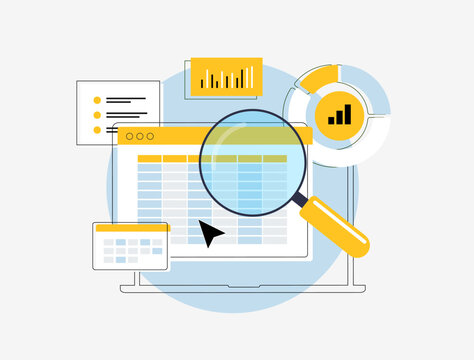 Accounting and finance audit illustration with tools for budget calculation, profit and loss analysis, report generation and data visualization. Business accounting with graphs and financial metrics