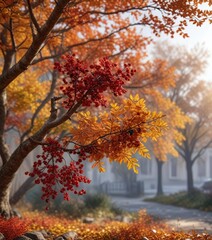 Fototapeta premium Chokeberry shrubs and other autumn foliage intertwined with fallen leaves on a tree branch, deciduous trees, fall colors