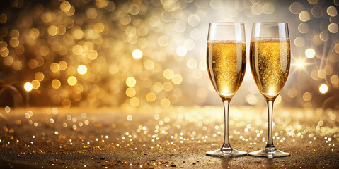 Champagne glasses with golden bokeh for New Year