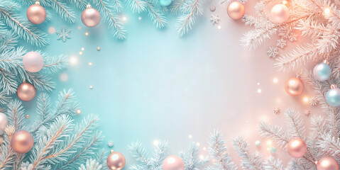 Christmas pine branches with pastel baubles and sparkles