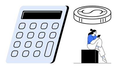 Woman sitting on a box using a tablet beside a large calculator and giant coin. Ideal for financial planning, budgeting, accounting, education, investments, business analysis, personal finance. Line