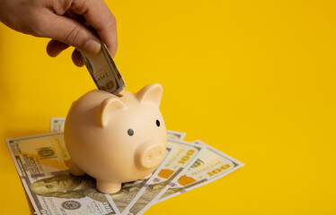 Male hand putting a banknote into a piggy bank over hundred dollar bills on a yellow isolated background, finance and savings concept © Answer 7