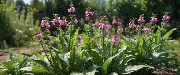 Obraz premium Comfrey symphytum grandiflorum growing in garden, grandiflorum, garden blooms , comfrey