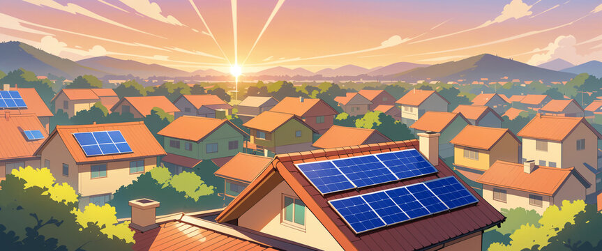 Harnessing solar energy with photovoltaic panels on eco-friendly rooftops, advancing sustainable living and renewable energy solutions in amine style, manga , cartoon.