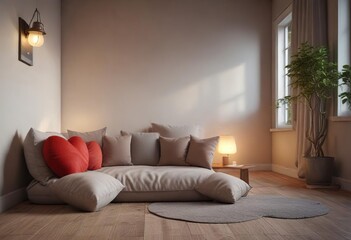 Fototapeta premium Cozy reading nook with a heart-shaped pillow and a cup of hot tea background, comfort, book lover, heart shaped pillow