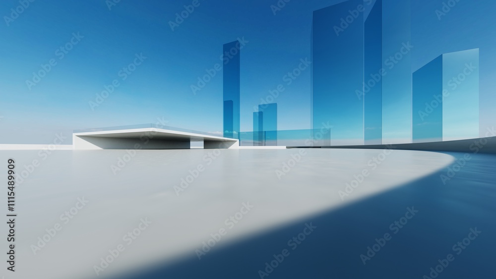 Fototapete 3d render of abstract futuristic glass architecture with empty concrete floor