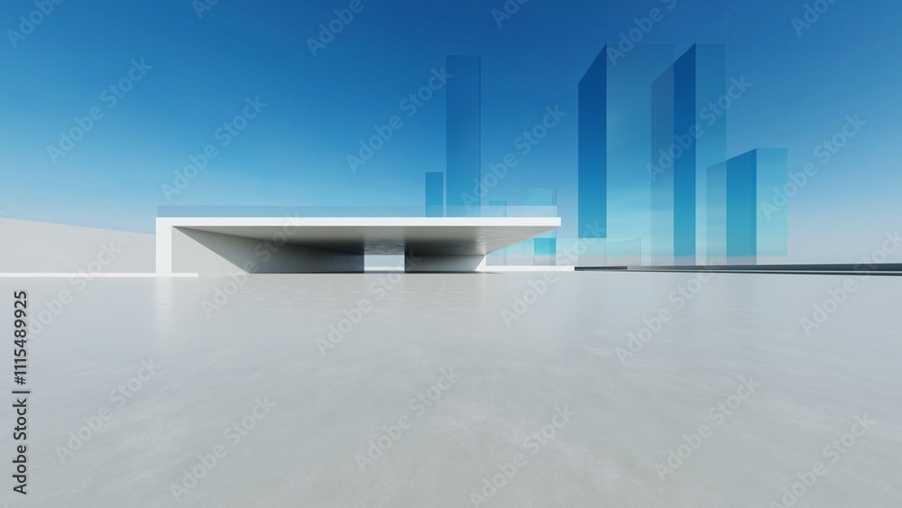 Fototapete 3d render of abstract futuristic glass architecture with empty concrete floor
