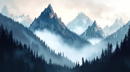 Obraz premium Misty mountain range at sunrise, shrouded in fog, coniferous forest.