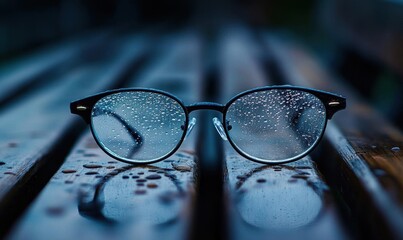Glasses resting on a wet wooden surface, showcasing raindrops.