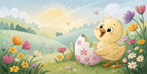 Cute chick in blooming spring meadow