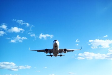 Obraz premium Commercial airplane mid-flight blue sky landing gear metallic