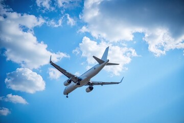 Obraz premium Commercial airplane mid-flight sky blue clouds metallic surface