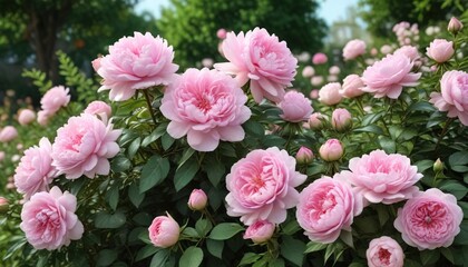 Fresh pink roses and peonies in a garden setting with flowers , garden decor, outdoor decor