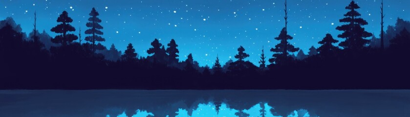 Wide banner in wintertime theme. Serene night sky reflecting on calm water with silhouetted trees.