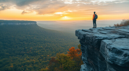 Fototapeta premium Hiker enjoys breathtaking sunset view from mountain cliff over valley filled with autumn foliage