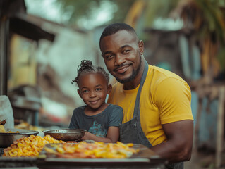 Father and daughter preparing food together at a bustling outdoor market during the afternoon