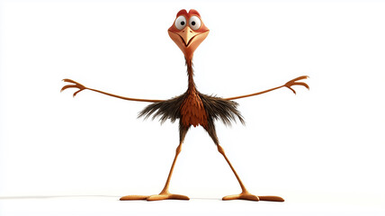 Vibrant animated bird character standing confidently with outstretched arms in a playful pose