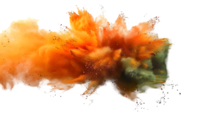 Brown, Orange, Green colours powder exploding isolated on a transparent background
