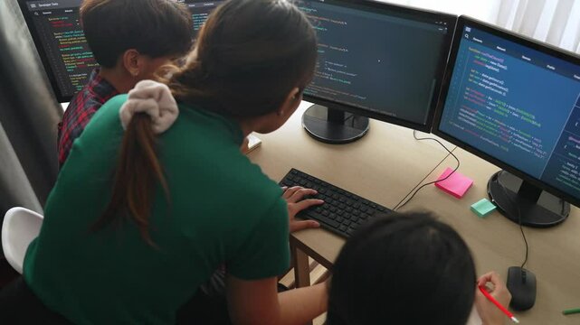 Back end software developer engineer for computer programming working together on debugging writing computing code, solving complex algorithms display on monitor in office. Burgeoning