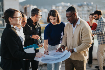 Diverse group of business people collaborates on a high-rise balcony during sunset, discussing...