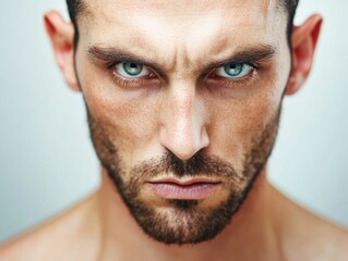 Obraz premium Dramatic close up portrait of a man with an intense powerful gaze filled with raw emotion and determination isolated against a clean white background