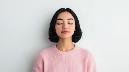 Serene and Tranquil Portrait of a Woman Meditating with a Peaceful Thoughtful Expression in Soft Pastel Tones Isolated on a Clean White Background  Concept of Mindfulness Wellness and Inner Calm