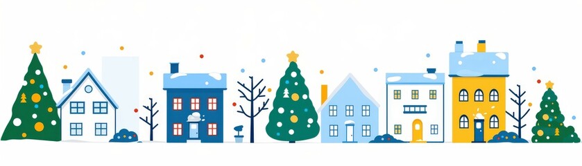Fototapeta premium Wide banner in wintertime theme. Colorful winter village scene with houses and Christmas trees.