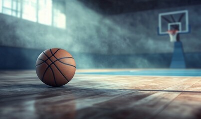 Basketball resting on a wooden court floor in an indoor sports arena, symbolizing athleticism, competition, and the spirit of the game in a professional or recreational setting.
